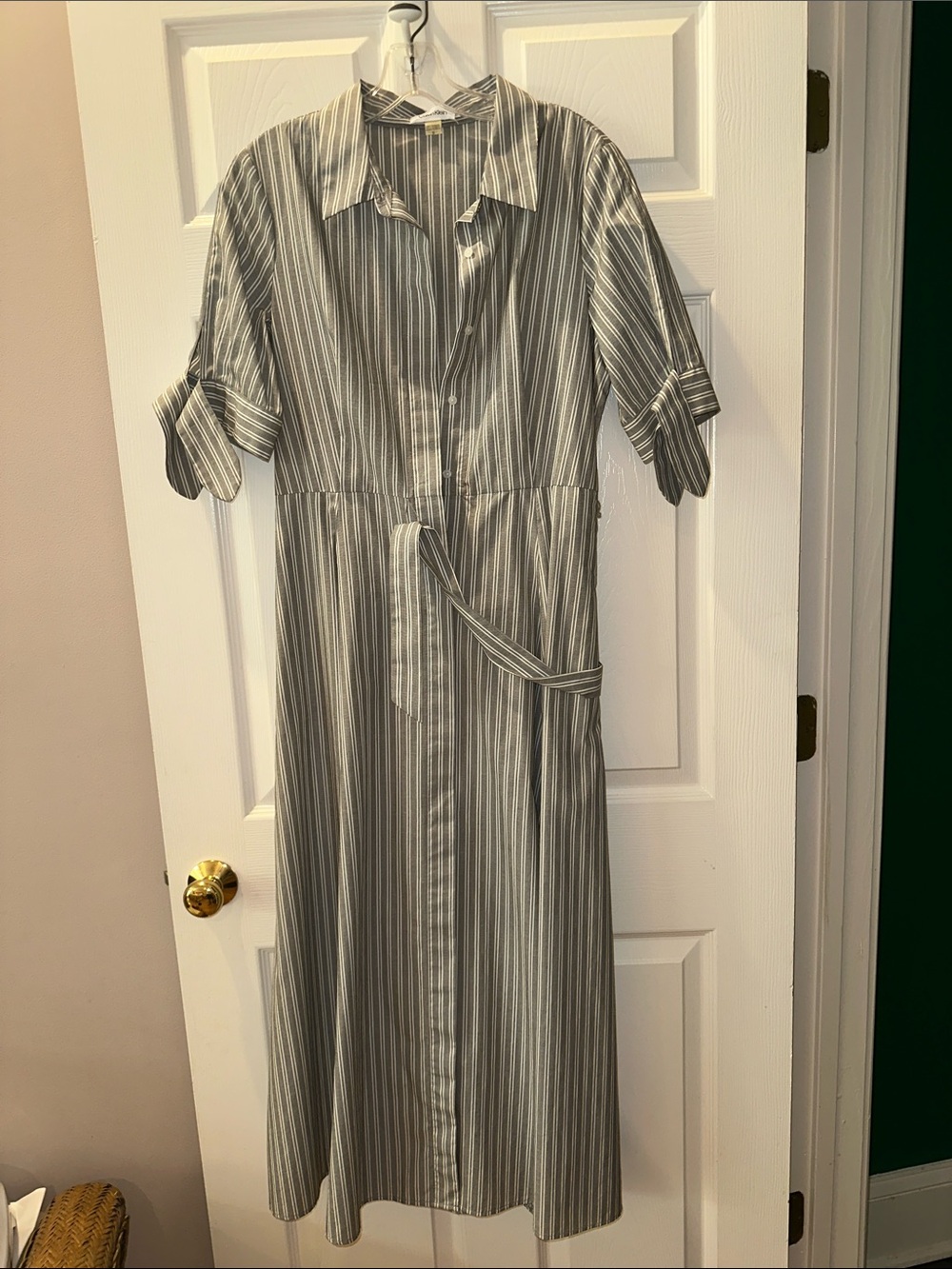 Calvin Klein Gray and White Striped Midi Shirt Dress